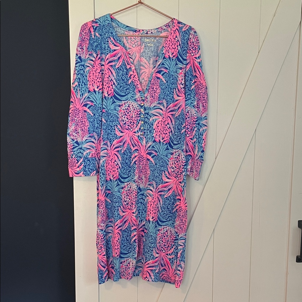 Lilly Pulitzer Pink&Blue Pineapple Print V-Neck Dress-Size L-perfect for vaca!🏖️